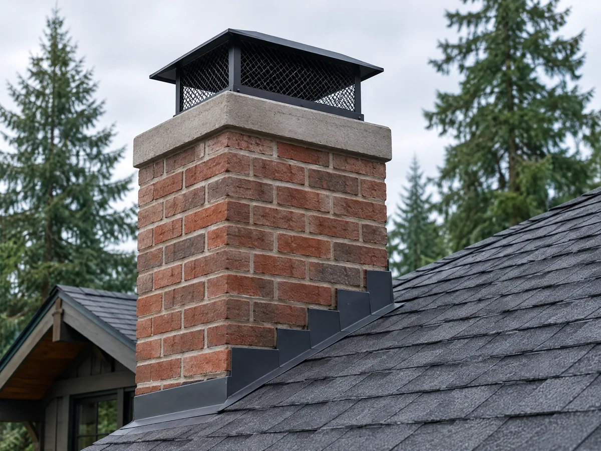 Residential brick chimney with a metal rain cap and flashing on a shingle roof